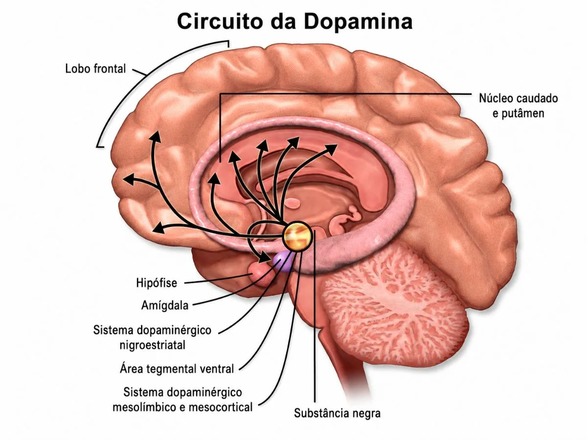 Ilustração do circuito da dopamina no cérebro
